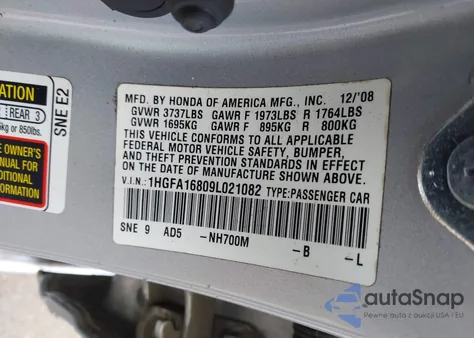 2009 Honda Civic Ex from USA, damaged, VIN 1HGFA16809L021082